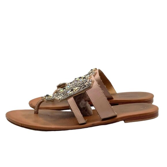 ANTHROPOLOGIE Embellished Beaded Boho Thong Leather Sandals 39 8.5 Pink Brown - Picture 8 of 11